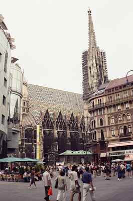 St Stephen's Cathedral spire above the busy square — Vienna, Austria (12-16 June 2000)