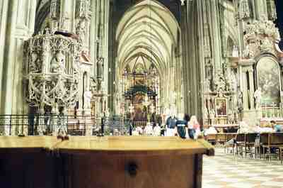 The ornate Gothic nave and pulpit inside St Stephen's — Vienna, Austria (12-16 June 2000)