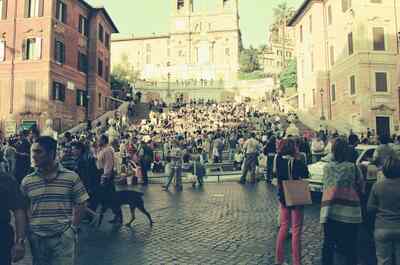 Crowds on the Spanish Steps with the church above — Rome, Italy (21-27 May 2000)
