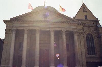 The columned facade of St-Pierre Cathedral — Geneva, Switzerland (1-3 July 2000)