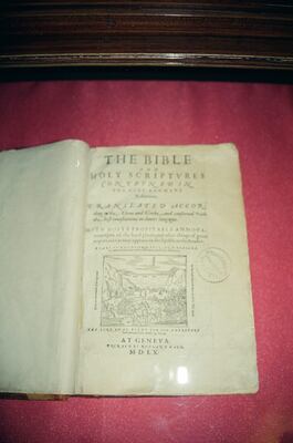 The 1560 Geneva Bible open at its title page — Geneva, Switzerland (1 July 2000)