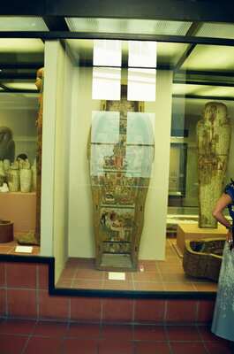 A painted Egyptian mummy case in a glass display case — Vatican Museums, Vatican City (21-27 May 2000)