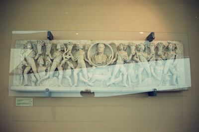 A Roman sarcophagus relief with a central portrait medallion — Vatican Museums, Vatican City (21-27 May 2000)