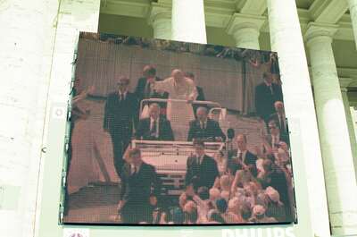 A giant Philips screen showing the Pope on stage — St Peter's Basilica, Vatican City (21-27 May 2000)