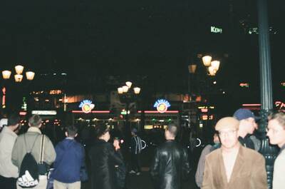 The neon-lit Bulldog coffeeshop on a crowded night square — Amsterdam, The Netherlands (19-26 June 2000)
