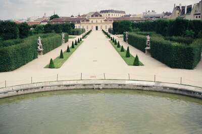 Lower Belvedere and clipped hedges beyond the garden pool — Vienna, Austria (14-16 June 2000)