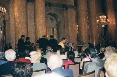 Musicians and guests gather at the front of the concert hall — Vienna, Austria (14-16 June 2000)