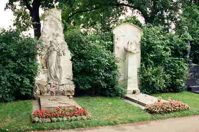 The graves of Brahms and a fellow composer among greenery — Vienna, Austria (14-16 June 2000)