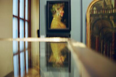 An Arcimboldo head painting reflected on a polished case — Vienna, Austria (16-18 June 2000)