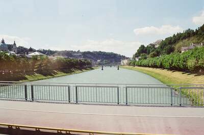 The Salzach river curving through the city embankments — Salzburg, Austria (16-18 June 2000)