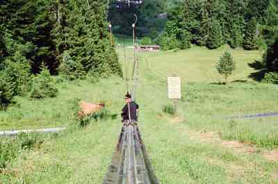 A rider on the toboggan track winding through alpine meadows — Salzkammergut, Austria (16-18 June 2000)