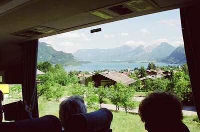 The Wolfgangsee and mountains seen from the tour bus — Salzkammergut, Austria (16-18 June 2000)