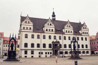 The Old Town Hall and monuments on the Wittenberg Markt — Wittenberg, Germany (22 June 2000)