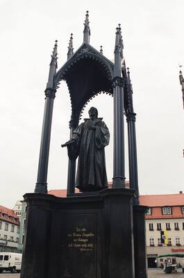 The canopied Luther Monument on the market square — Wittenberg, Germany (22 June 2000)
