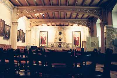 Ornate Lutherhaus hall with Reformer portraits — Wittenberg, Germany (22 June 2000)