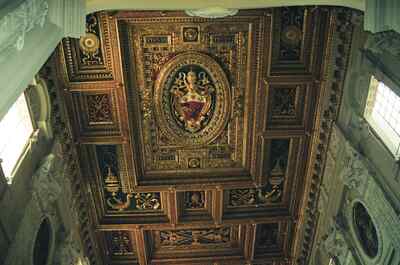 Gilded coffered ceiling with papal coats of arms — Rome, Italy (late May 2000)
