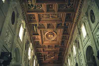 The gilded coffered nave ceiling seen from below — Rome, Italy (late May 2000)