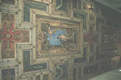 Richly carved and painted wooden ceiling at an angle — Rome, Italy (late May 2000)