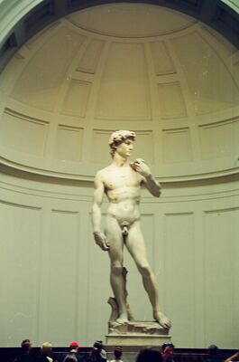 Michelangelo's David beneath the Accademia dome — Florence, Italy (late May 2000)