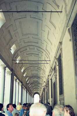 Barrel-vaulted Uffizi corridor ceiling with visitors — Florence, Italy (26 May 2000)