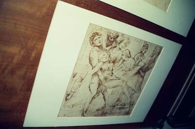Old master figure drawing matted on a table — Florence, Italy (26 May 2000)