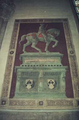 Painted equestrian memorial fresco on the Duomo wall — Florence, Italy (26 May 2000)