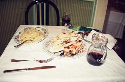 A hotel dinner of pasta, bread and red wine — Tuscany, Italy (26-27 May 2000)