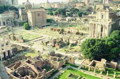 Aerial view across the ruins of the Roman Forum — Rome, Italy (21-27 May 2000)