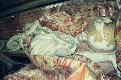Detail of draped marble and gilded globe on the tomb — St Peter's Basilica, Vatican City (21-27 May 2000)