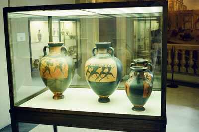 Greek black-figure amphorae in a museum display case — Vatican Museums, Vatican City (21-27 May 2000)