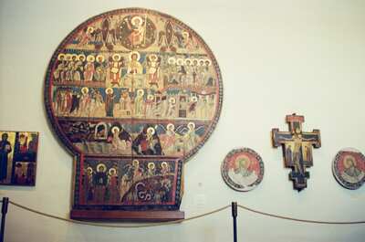 Medieval round panel painting and a painted crucifix — Vatican Museums, Vatican City (21-27 May 2000)