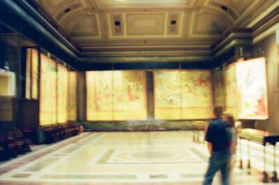 Painted panels lining a museum hall — Vatican Museums, Vatican City (21-27 May 2000)
