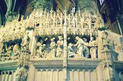 The carved stone choir screen with statue groups — Chartres, France (4-9 July 2000)