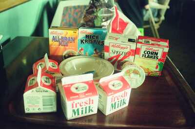 Cereal boxes and Wexford Creamery milk on a tray — Ireland, Ireland (4-9 July 2000)