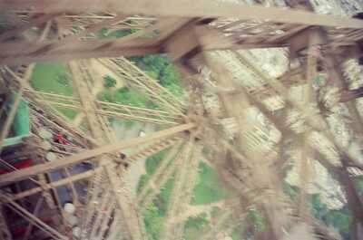 A dizzying view straight down the Eiffel Tower ironwork — Paris, France (2-8 July 2000)