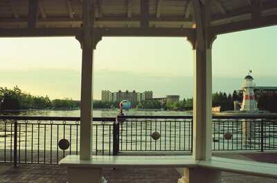 The Disney Hotel and lighthouse across the resort lake — Disneyland Paris, France (29 June - 6 July 2000)