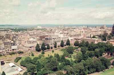 Princes Street Gardens and the city from Edinburgh Castle — Edinburgh, Scotland (August 2000)