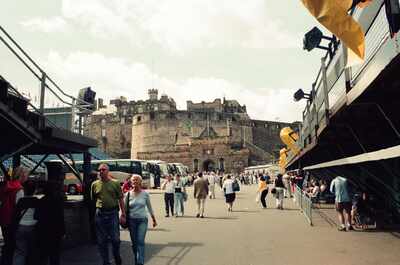 Crowds on the Castle Esplanade with Tattoo grandstands — Edinburgh, Scotland (August 2000)