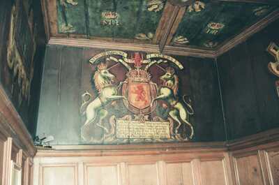 The painted royal arms of Scotland on a castle ceiling — Edinburgh, Scotland (August 2000)