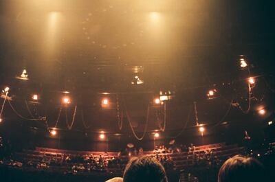Glowing lanterns above the dark 'Cats' theatre auditorium — London, England (mid-August 2000)