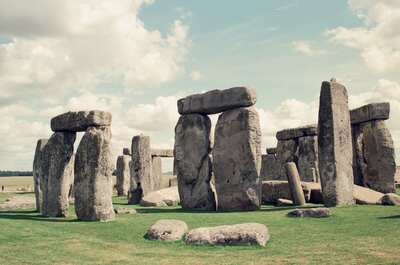 A close view of the trilithons and fallen stones of Stonehenge — Stonehenge, England (mid-August 2000)