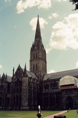 The soaring spire of Salisbury Cathedral against the sky — Salisbury, England (mid-August 2000)