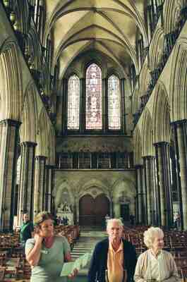 Visitors beneath the towering nave of Salisbury Cathedral — Salisbury, England (mid-August 2000)