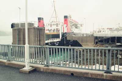 A Caledonian MacBrayne ferry berthed at Kyle of Lochalsh pier — Kyle of Lochalsh, Scotland (late July 2000)