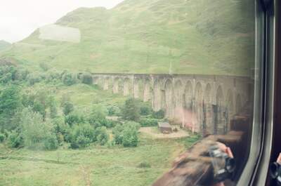 Looking back along the Glenfinnan Viaduct from the train — Glenfinnan, Scotland (late July 2000)