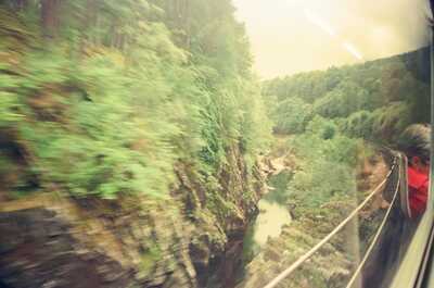 A deep river gorge seen from the speeding train — Scottish Highlands, Scotland (August 2000)