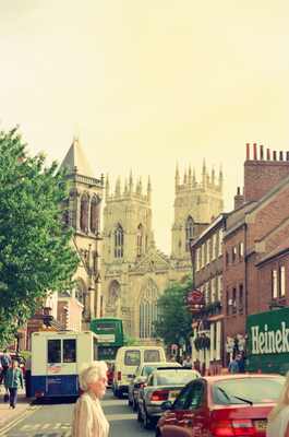 York Minster towering over a busy city street — York, England (August 2000)