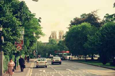 York Minster framed at the end of a tree-lined street — York, England (August 2000)