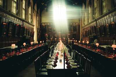 Sunbeams over the laid tables of Christ Church Great Hall — Oxford, England (August 2000)