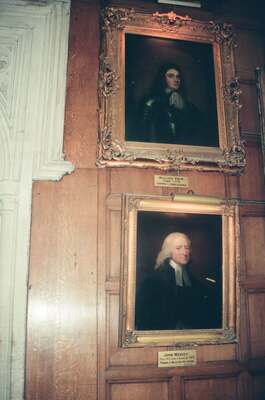 Portraits of William Penn and John Wesley in the Hall — Oxford, England (August 2000)